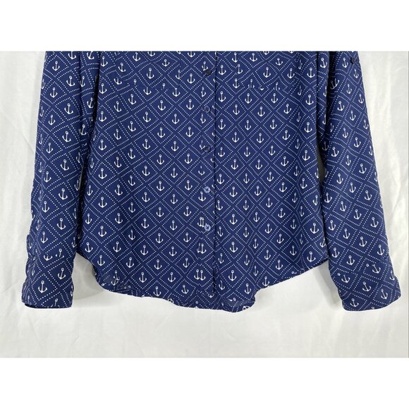 Express Portofino Shirt Womens Size XS Navy Blue Anchor Long Sleeve Roll Tab - Picture 4 of 14